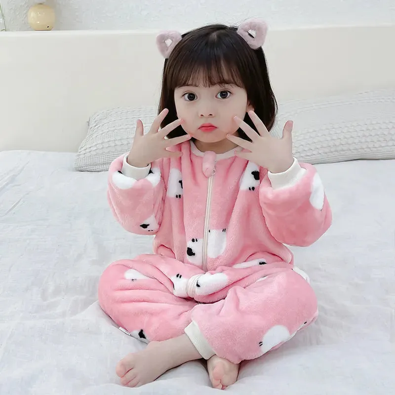 1 to 5 Years Winter Flannel Childrens Pajamas Sleeping Bags Rompers for Boys and Girls One-piece Suits for Home Wear