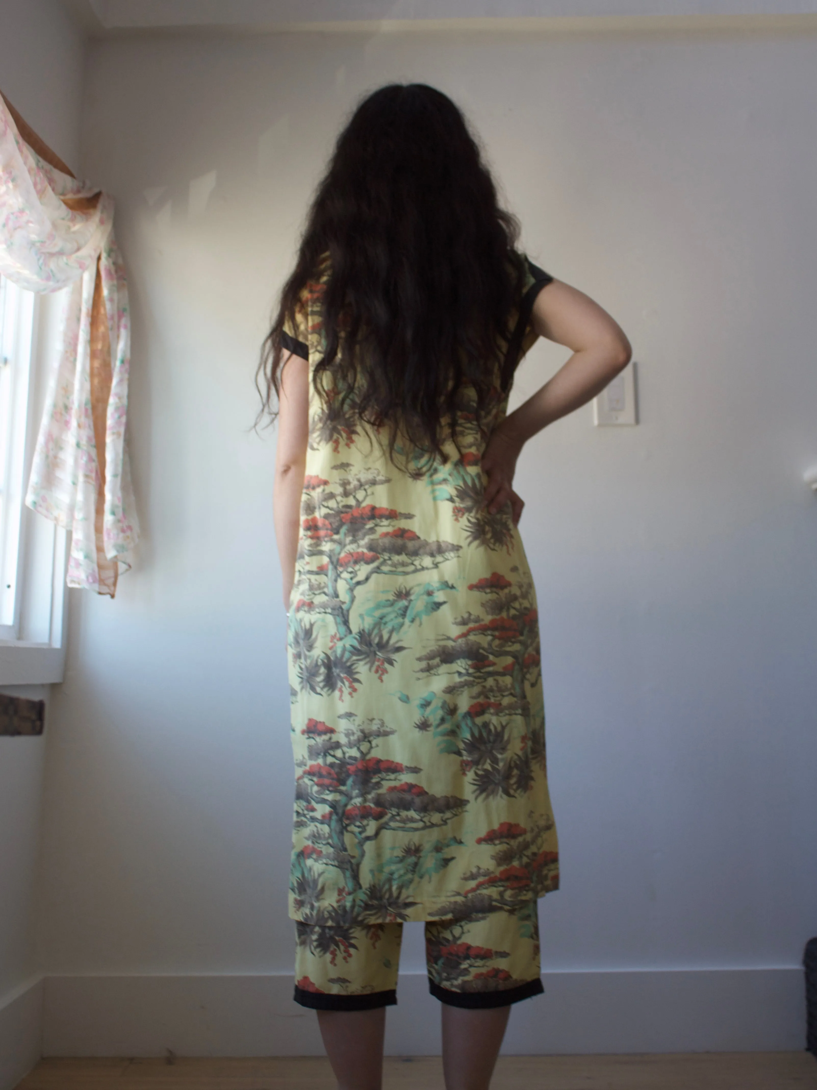 1940s Japanese Printed Side Button Pants Mandarin Collar Tunic Vacation Set