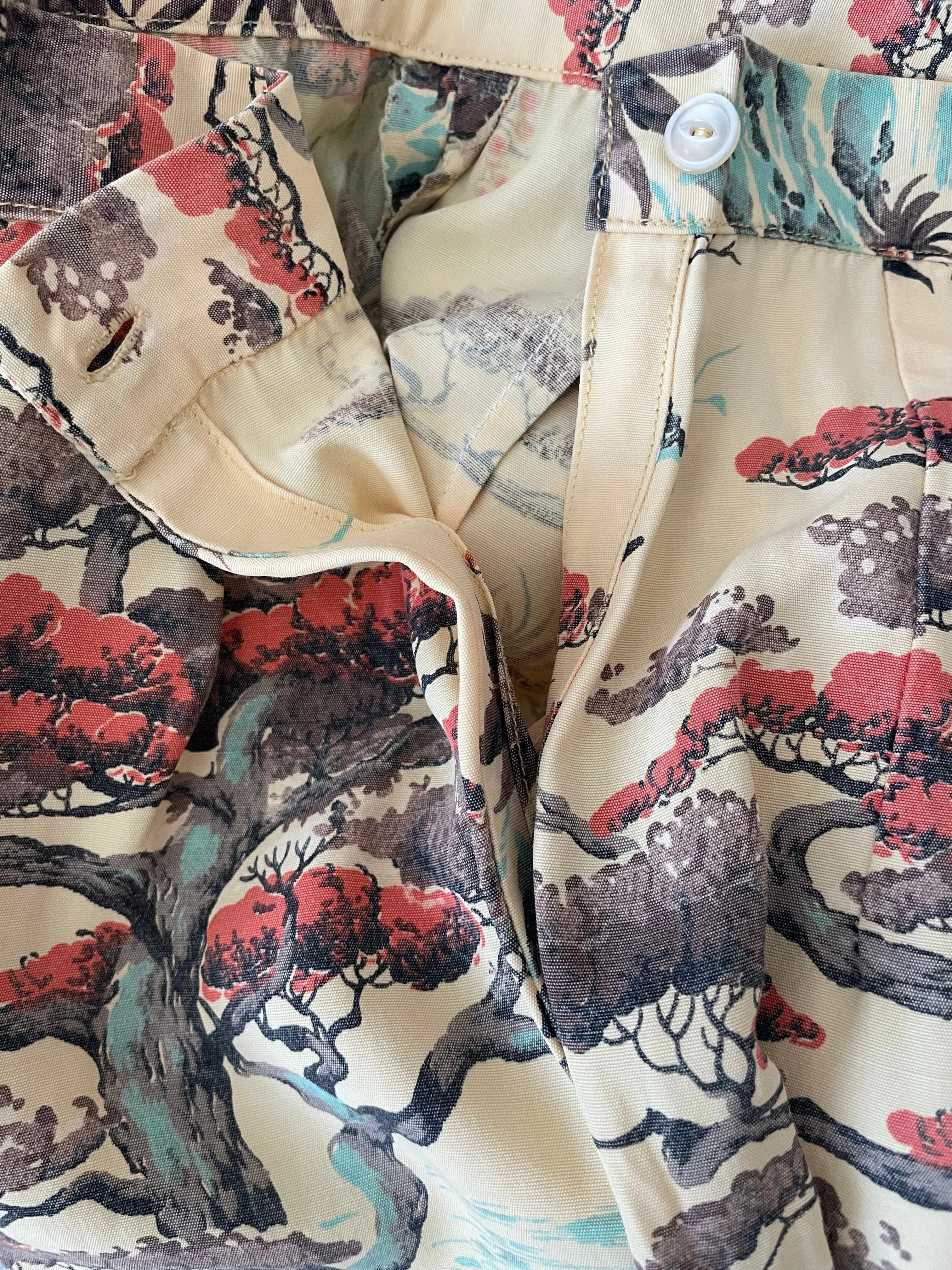 1940s Japanese Printed Side Button Pants Mandarin Collar Tunic Vacation Set