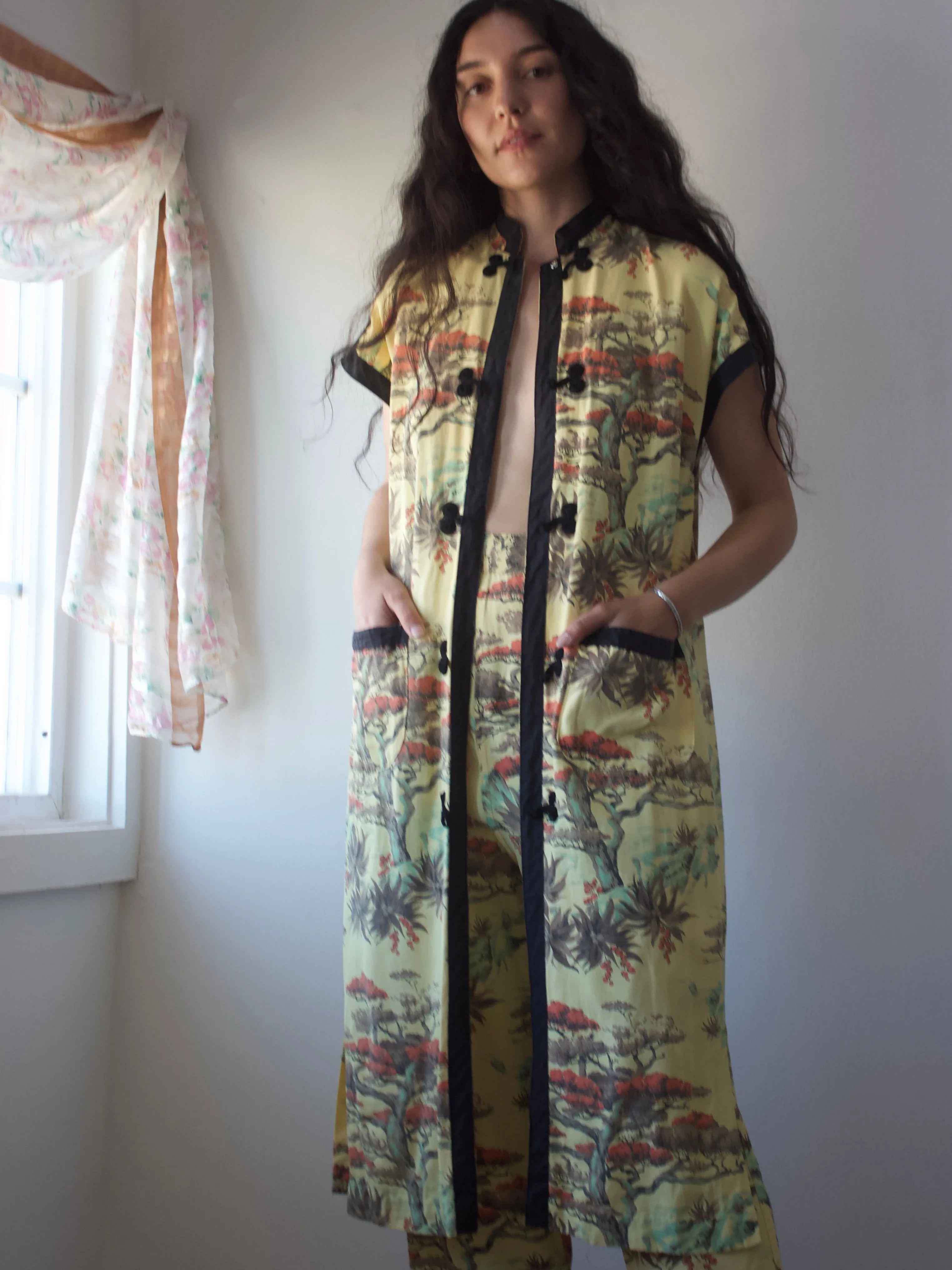 1940s Japanese Printed Side Button Pants Mandarin Collar Tunic Vacation Set