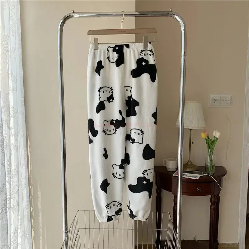 2024 Sanrio Hello Kitty Pajamas Halloween Flannel Fashion Trouserswomen Kawaii Woolen Anime Cartoon Casual Home Pants Autumn