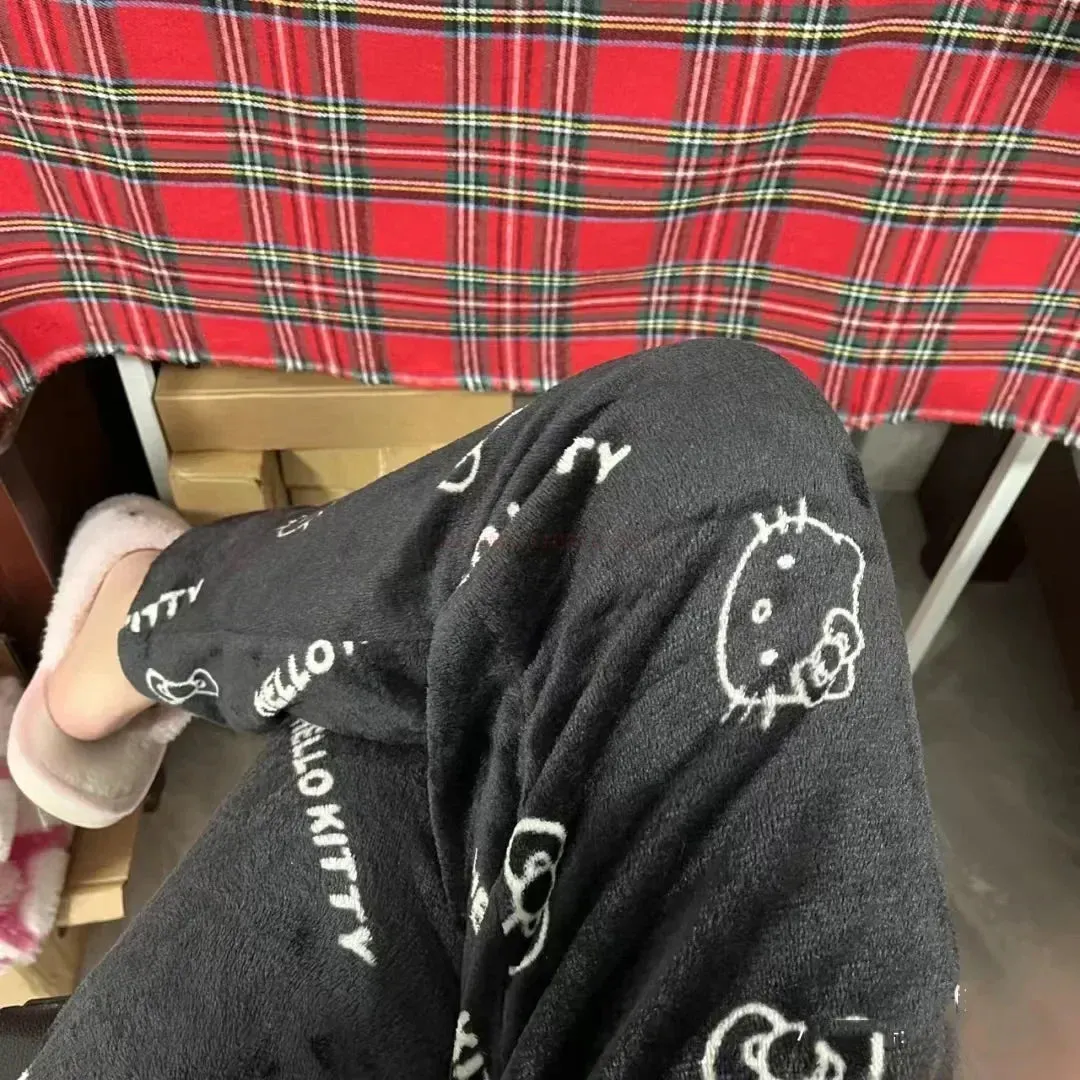 2024 Sanrio Hello Kitty Pajamas Halloween Flannel Fashion Trouserswomen Kawaii Woolen Anime Cartoon Casual Home Pants Autumn