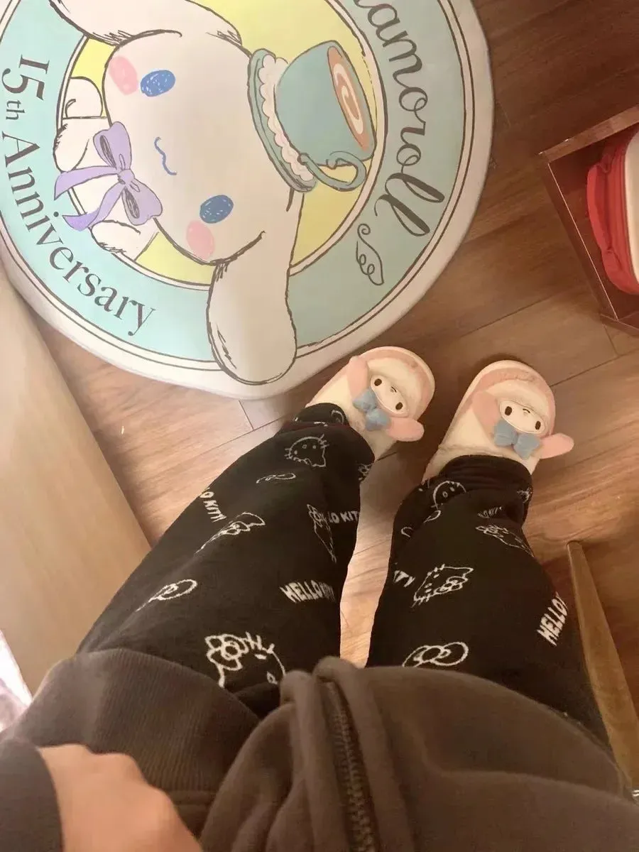 2024 Sanrio Hello Kitty Pajamas Halloween Flannel Fashion Trouserswomen Kawaii Woolen Anime Cartoon Casual Home Pants Autumn