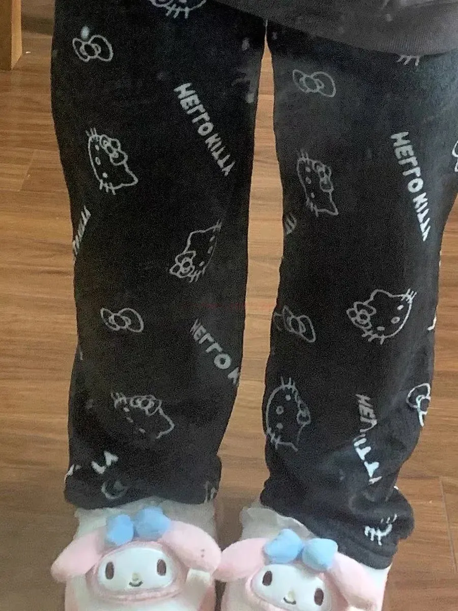 2024 Sanrio Hello Kitty Pajamas Halloween Flannel Fashion Trouserswomen Kawaii Woolen Anime Cartoon Casual Home Pants Autumn