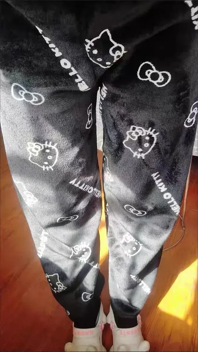 2024 Sanrio Hello Kitty Pajamas Halloween Flannel Fashion Trouserswomen Kawaii Woolen Anime Cartoon Casual Home Pants Autumn