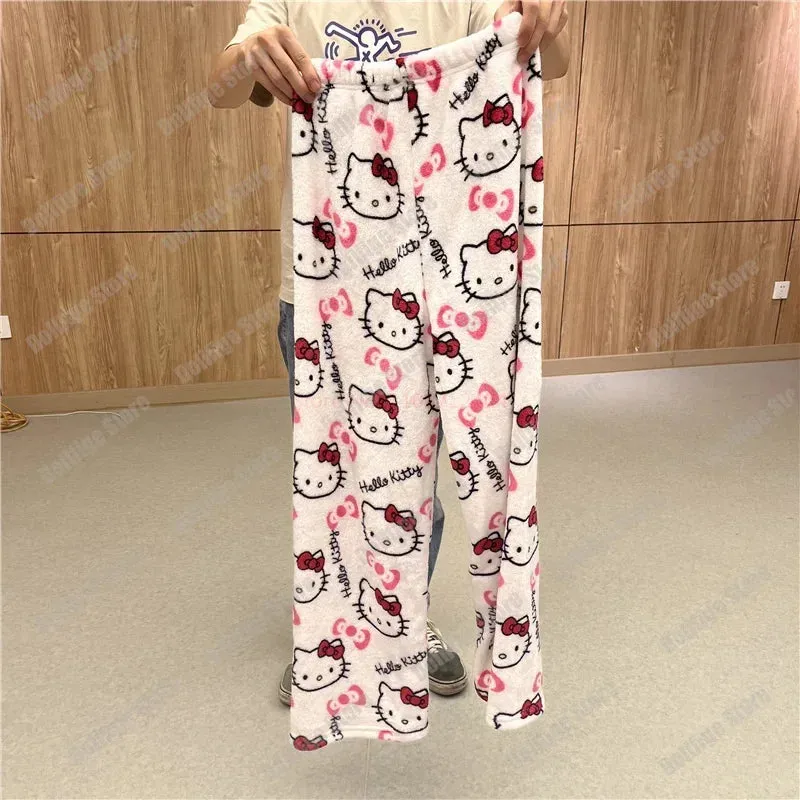 2024 Sanrio Hello Kitty Pajamas Halloween Flannel Fashion Trouserswomen Kawaii Woolen Anime Cartoon Casual Home Pants Autumn