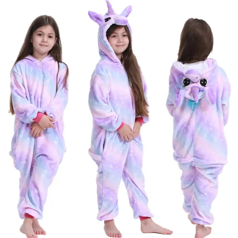 4 8 10 12 14 16 Years Girls Purple Pink Jumpsuits Unicorn Pajamas Kigurumi Toddler Kids Hooded Flannel Home Wear Children Onesie