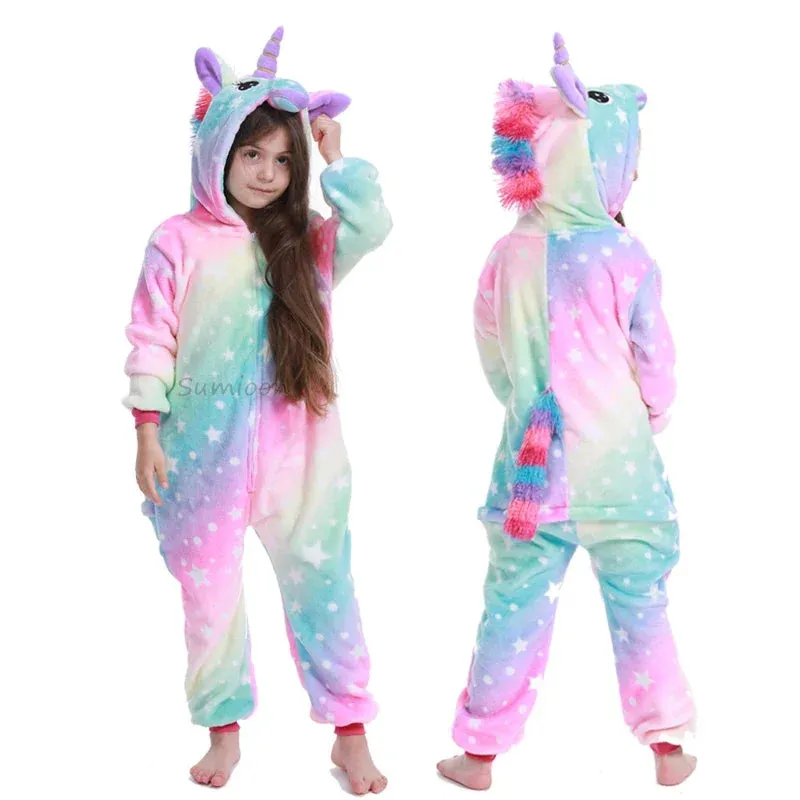 4 8 10 12 14 16 Years Girls Purple Pink Jumpsuits Unicorn Pajamas Kigurumi Toddler Kids Hooded Flannel Home Wear Children Onesie
