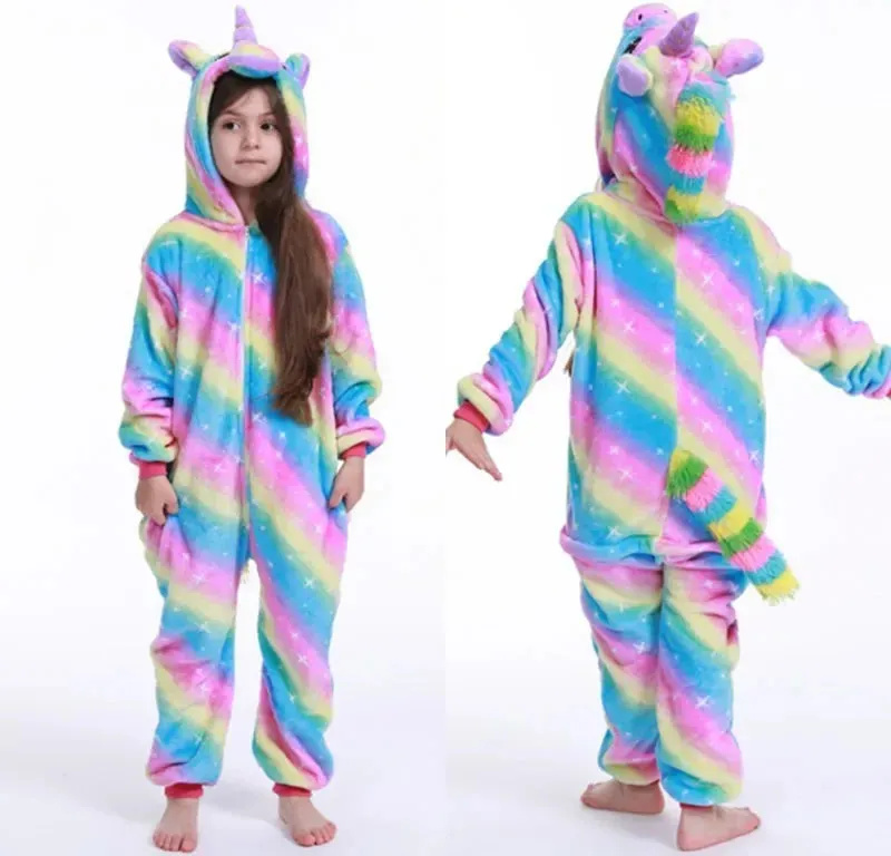 4 8 10 12 14 16 Years Girls Purple Pink Jumpsuits Unicorn Pajamas Kigurumi Toddler Kids Hooded Flannel Home Wear Children Onesie