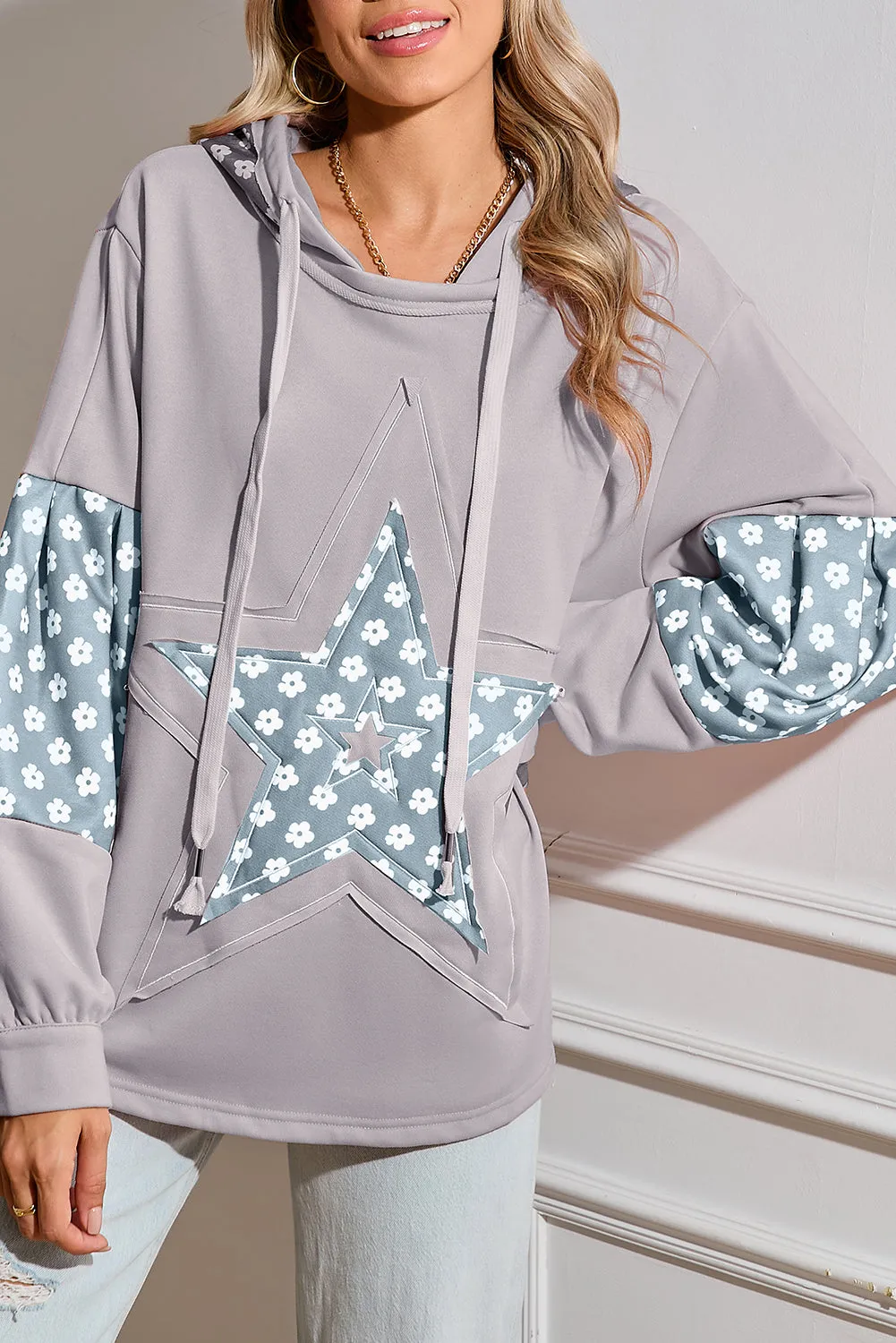 Alison, Floral Patchwork Star Pattern Drawstring Hoodie