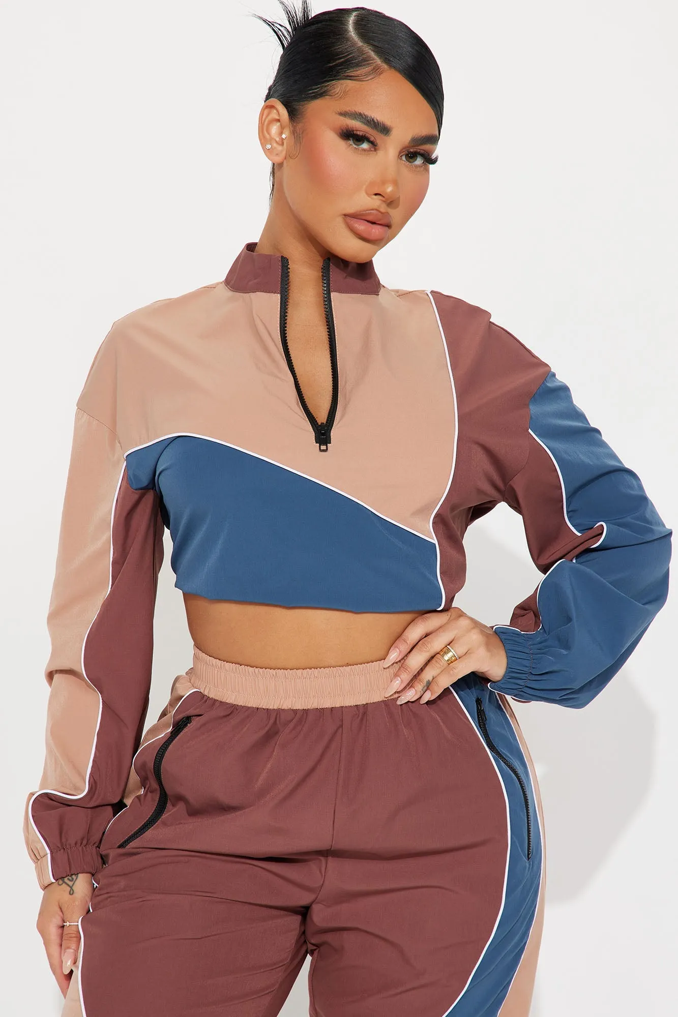 Andrea Windbreaker Jogger Set - Brown/combo