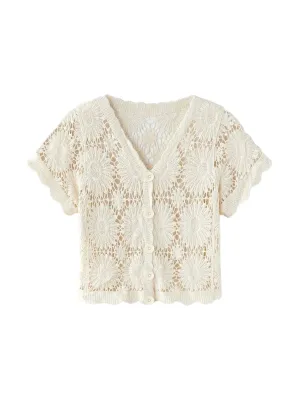 Armanda Crochet Short Sleeve Button-Up Cardigan in White