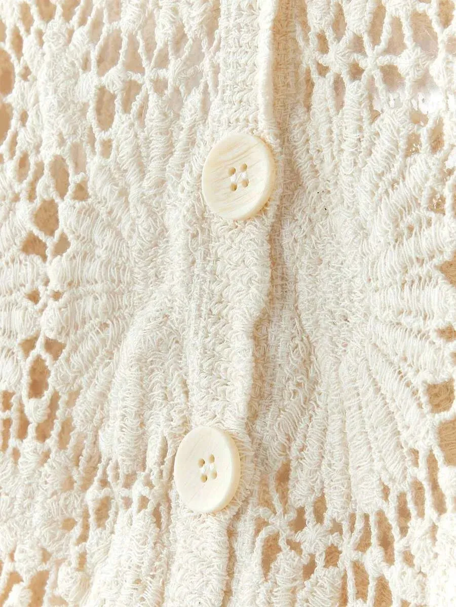 Armanda Crochet Short Sleeve Button-Up Cardigan in White