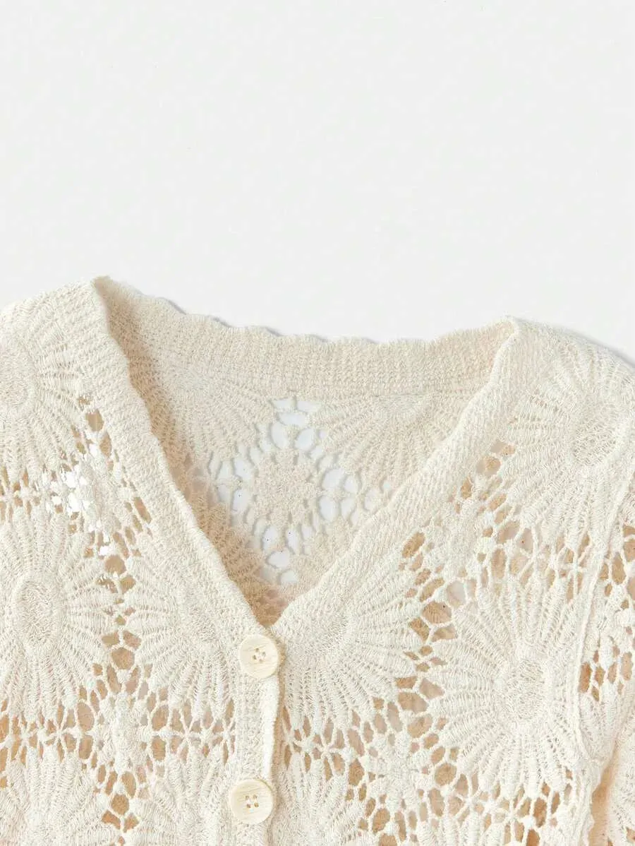 Armanda Crochet Short Sleeve Button-Up Cardigan in White