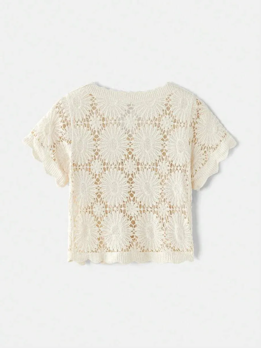 Armanda Crochet Short Sleeve Button-Up Cardigan in White