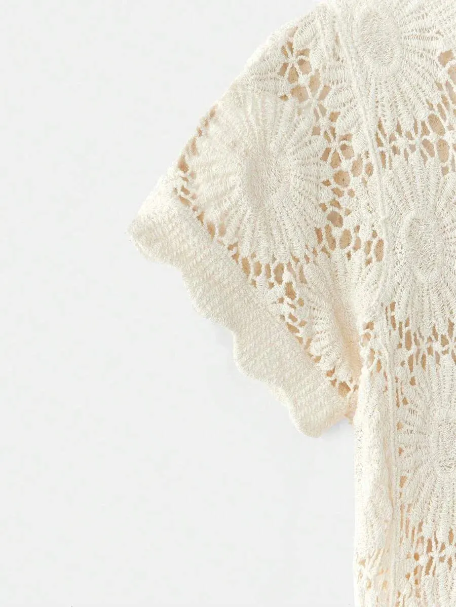 Armanda Crochet Short Sleeve Button-Up Cardigan in White