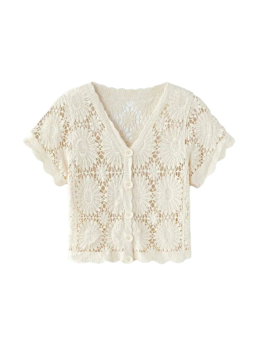 Armanda Crochet Short Sleeve Button-Up Cardigan in White