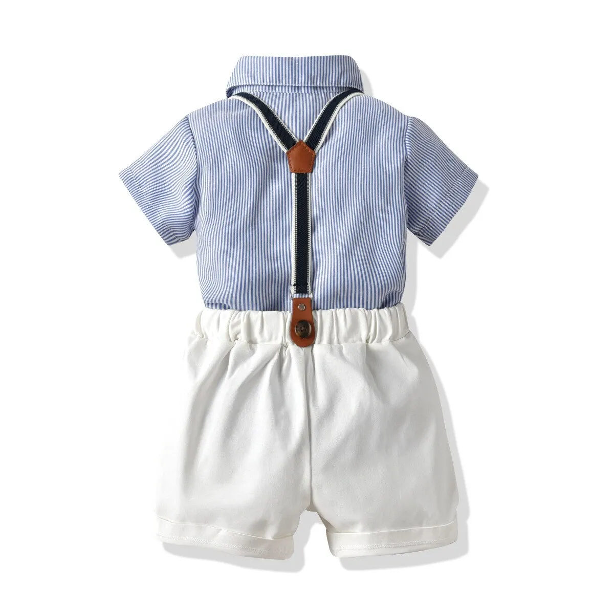 Baby Boy Gentleman Suit Summer Short-Sleeved Striped Shirt Bow Tie Shorts Strap Four-Piece Suit