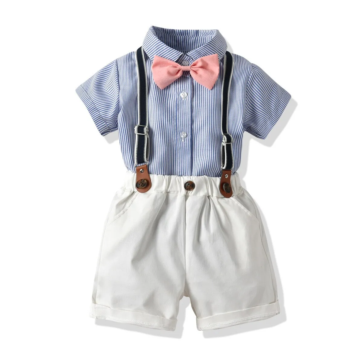 Baby Boy Gentleman Suit Summer Short-Sleeved Striped Shirt Bow Tie Shorts Strap Four-Piece Suit