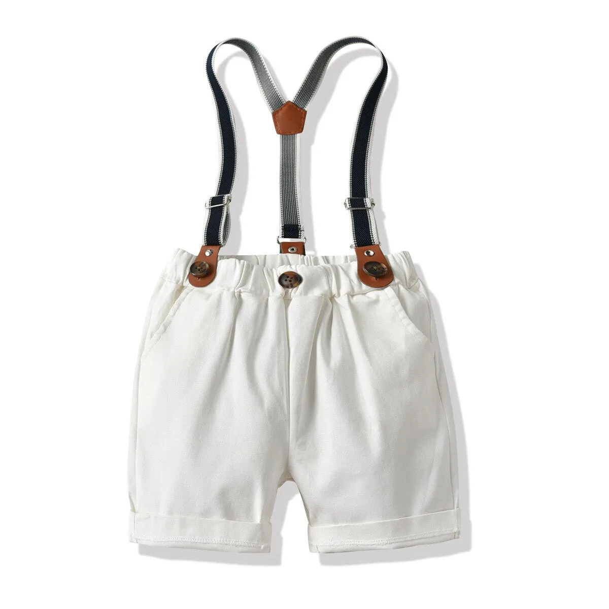 Baby Boy Gentleman Suit Summer Short-Sleeved Striped Shirt Bow Tie Shorts Strap Four-Piece Suit