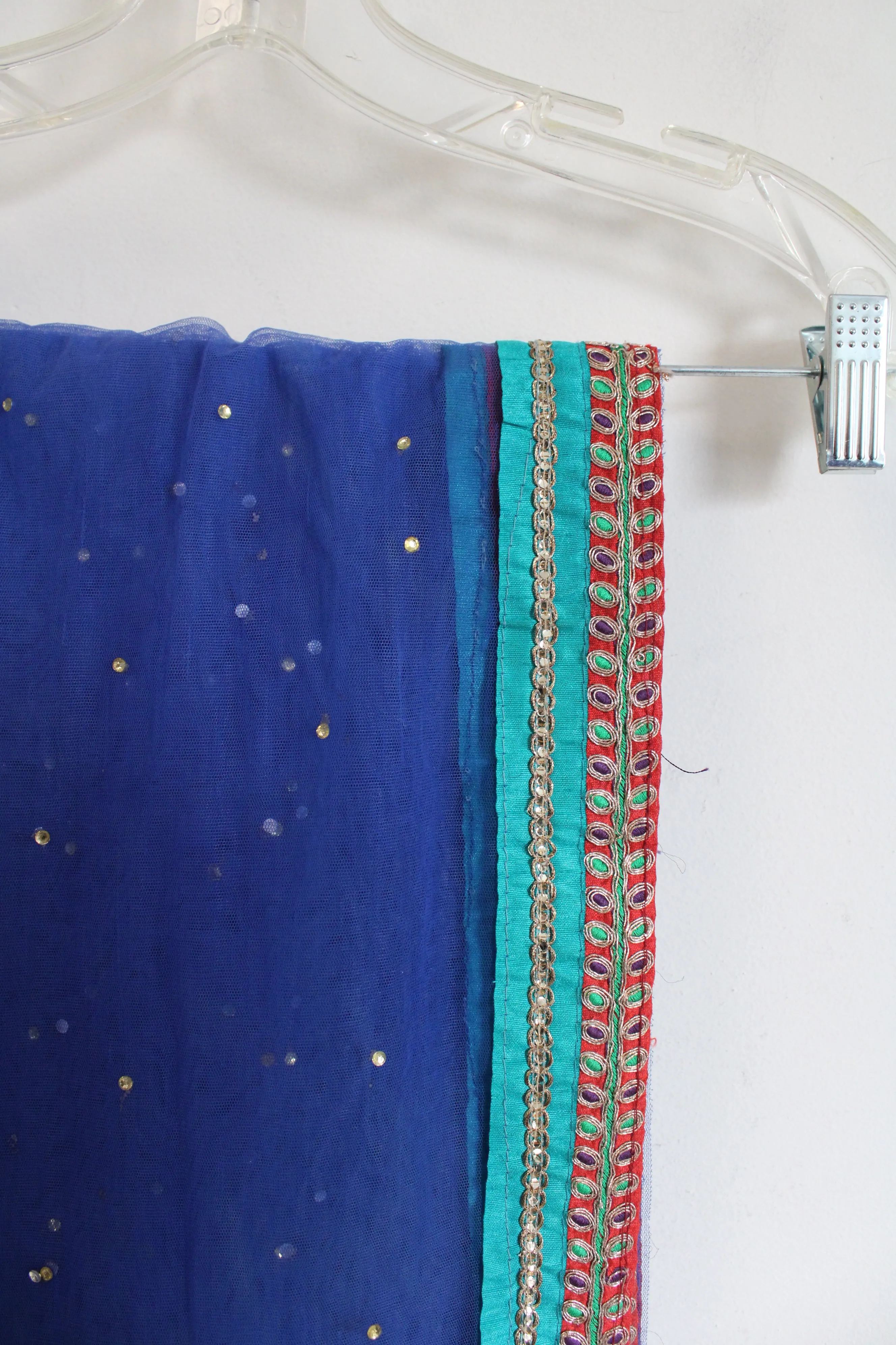 Beaded Sequined Blue Tulle Indian Style Shawl