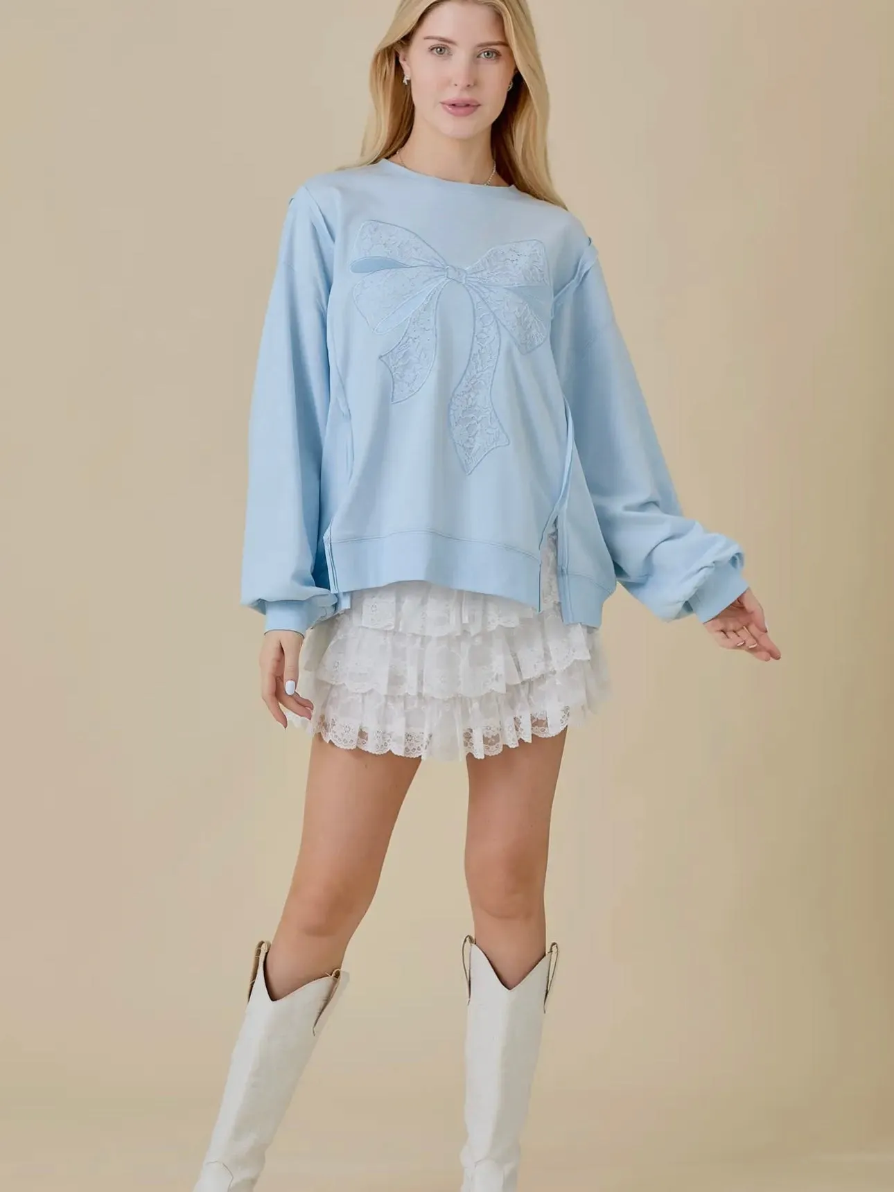 Belle of the Bow Sweatshirt: Light Blue