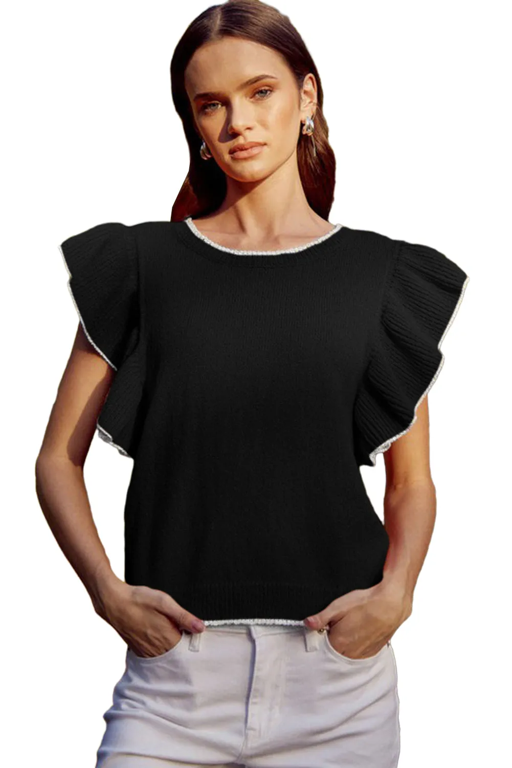 Black Contrast Trim Ruffle Sleeve Knitted Top