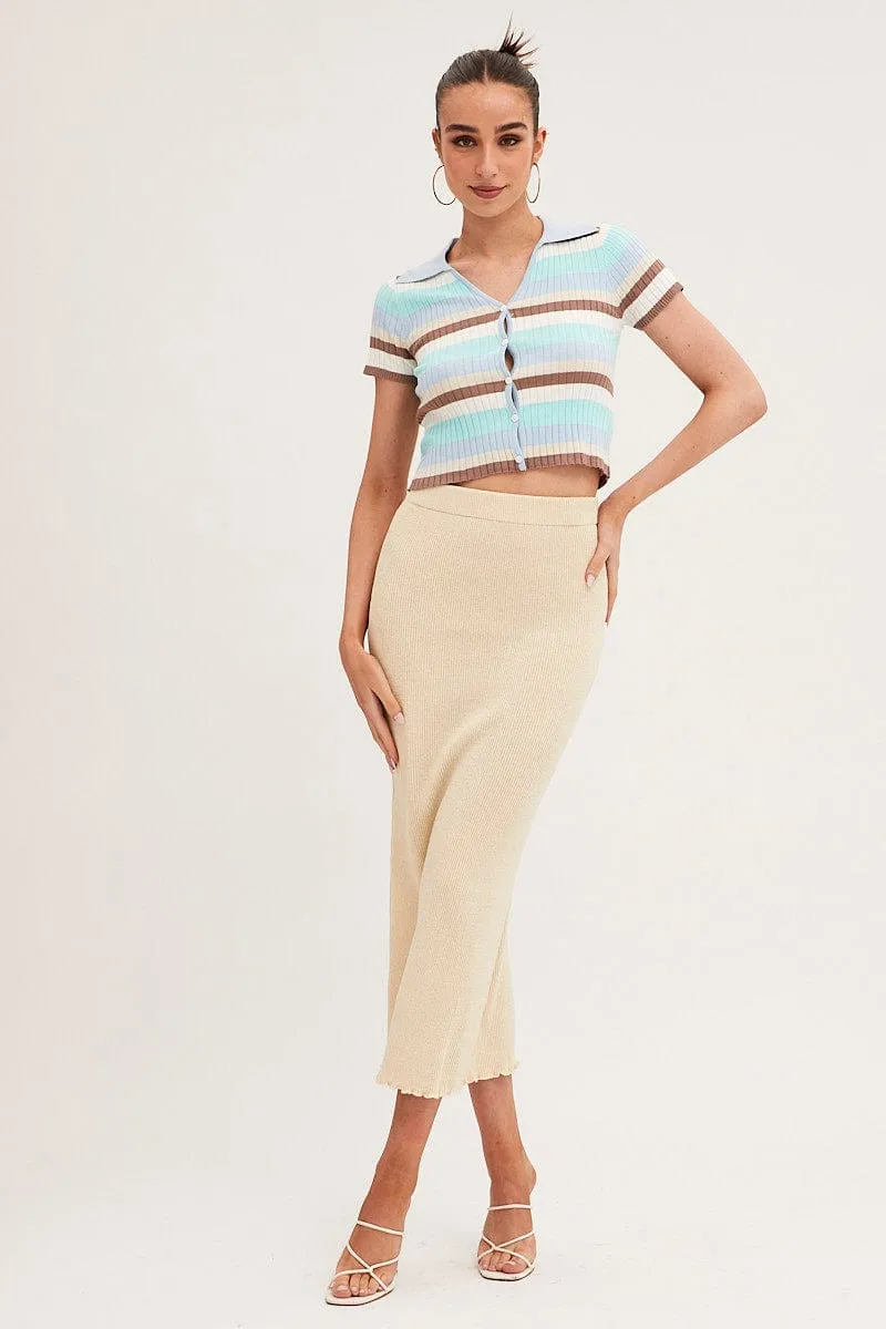 Blue Stripe Crop Cardigan Short Sleeve Knit