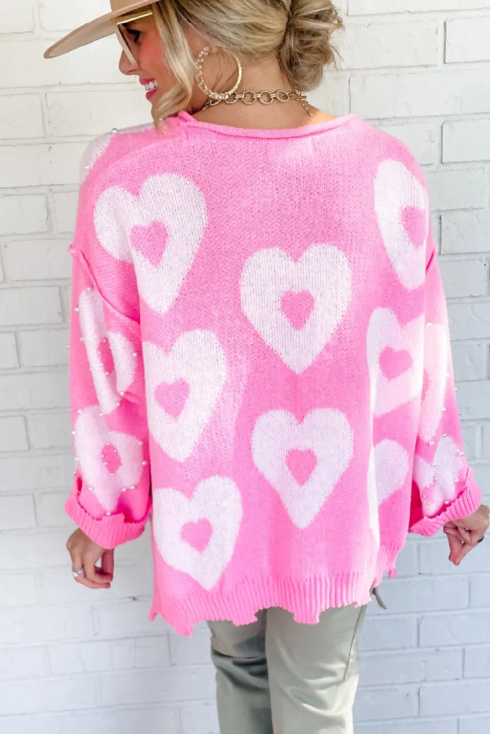 Bonbon Pearl Beaded Floral Drop Shoulder Sweater