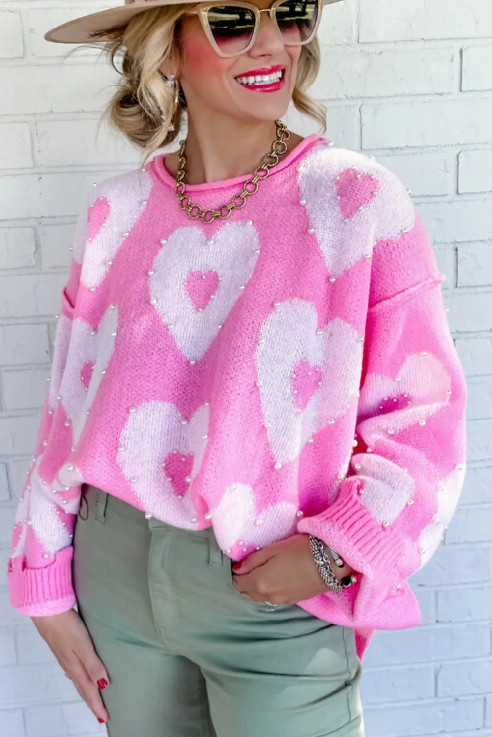 Bonbon Pearl Beaded Floral Drop Shoulder Sweater