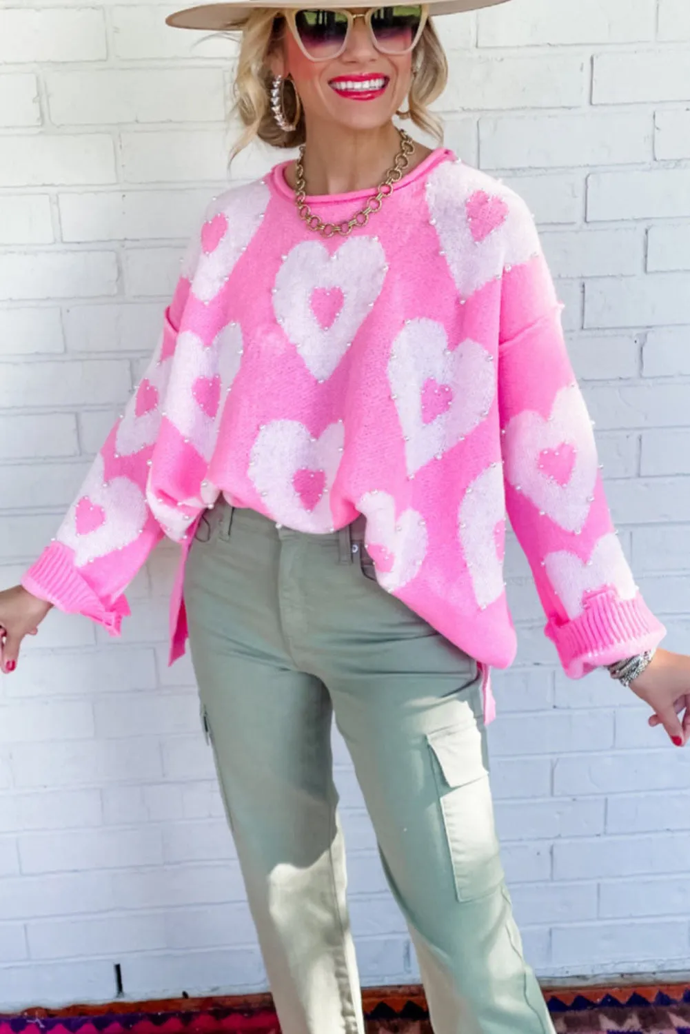 Bonbon Pearl Beaded Floral Drop Shoulder Sweater