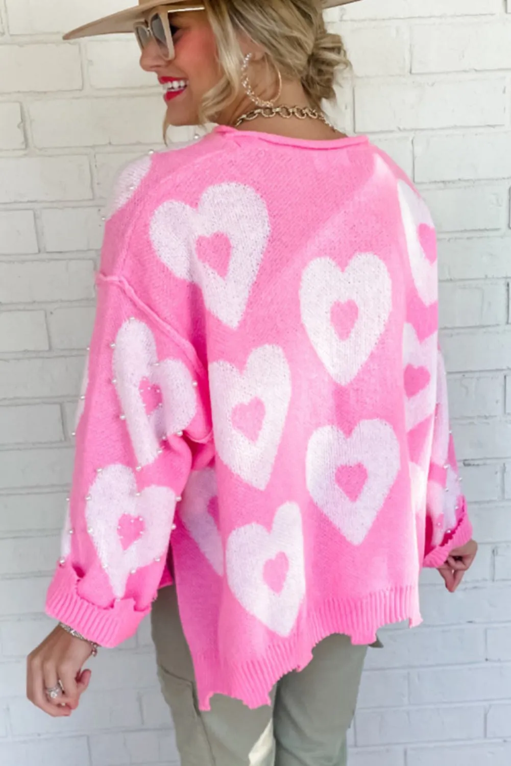 Bonbon Pearl Beaded Floral Drop Shoulder Sweater