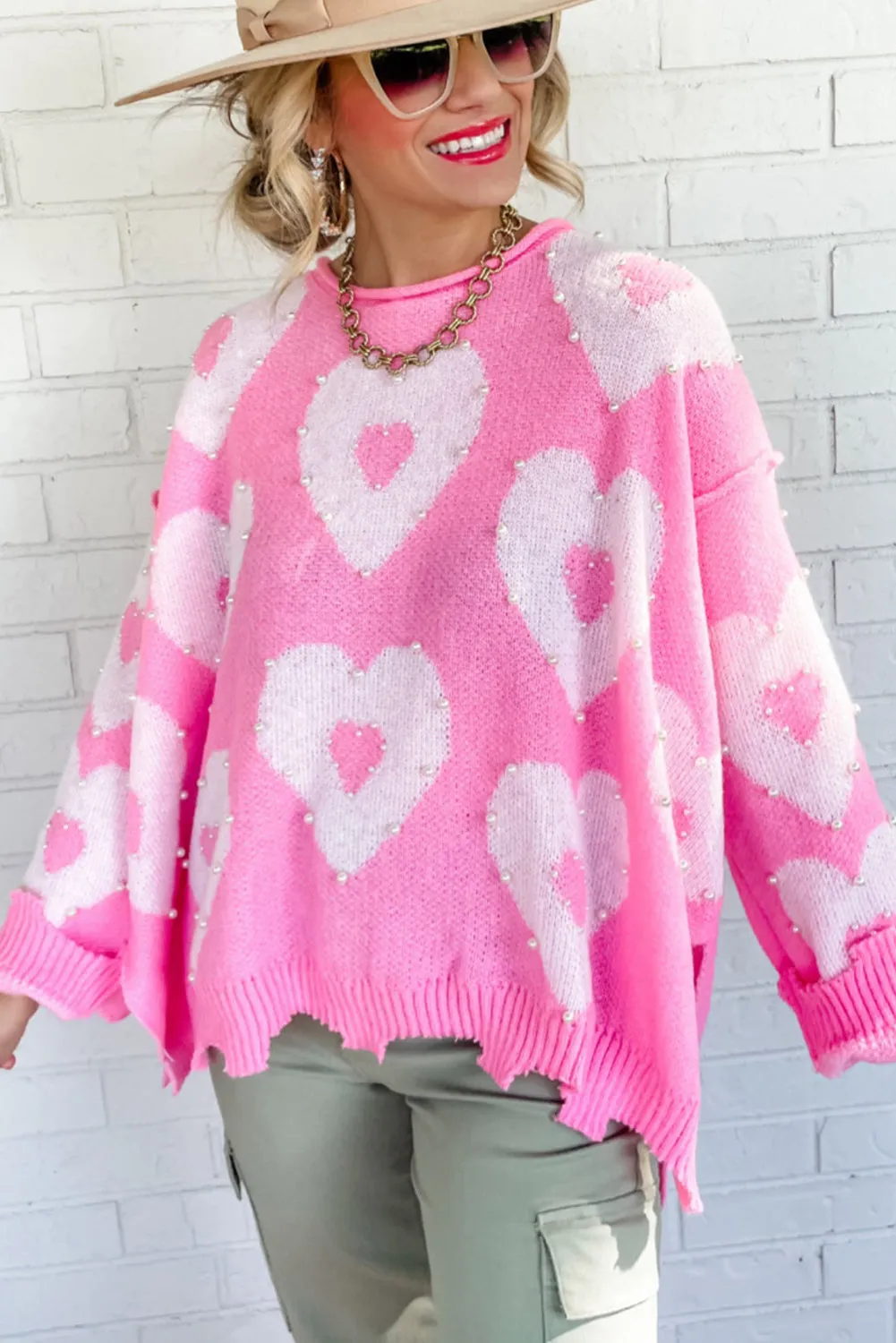 Bonbon Pearl Beaded Floral Drop Shoulder Sweater