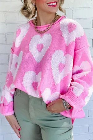 Bonbon Pearl Beaded Floral Drop Shoulder Sweater