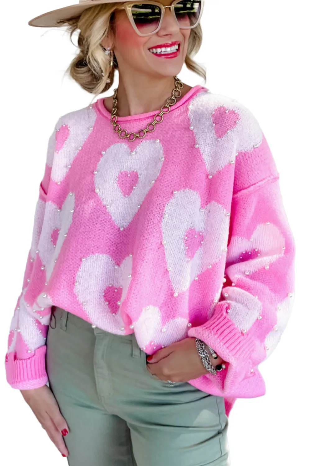 Bonbon Pearl Beaded Floral Drop Shoulder Sweater