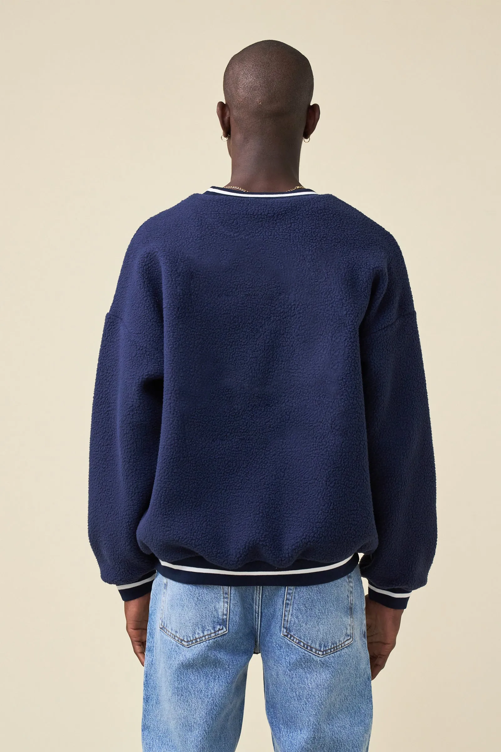 bound Reverse Fleece Grid Sweater - Navy