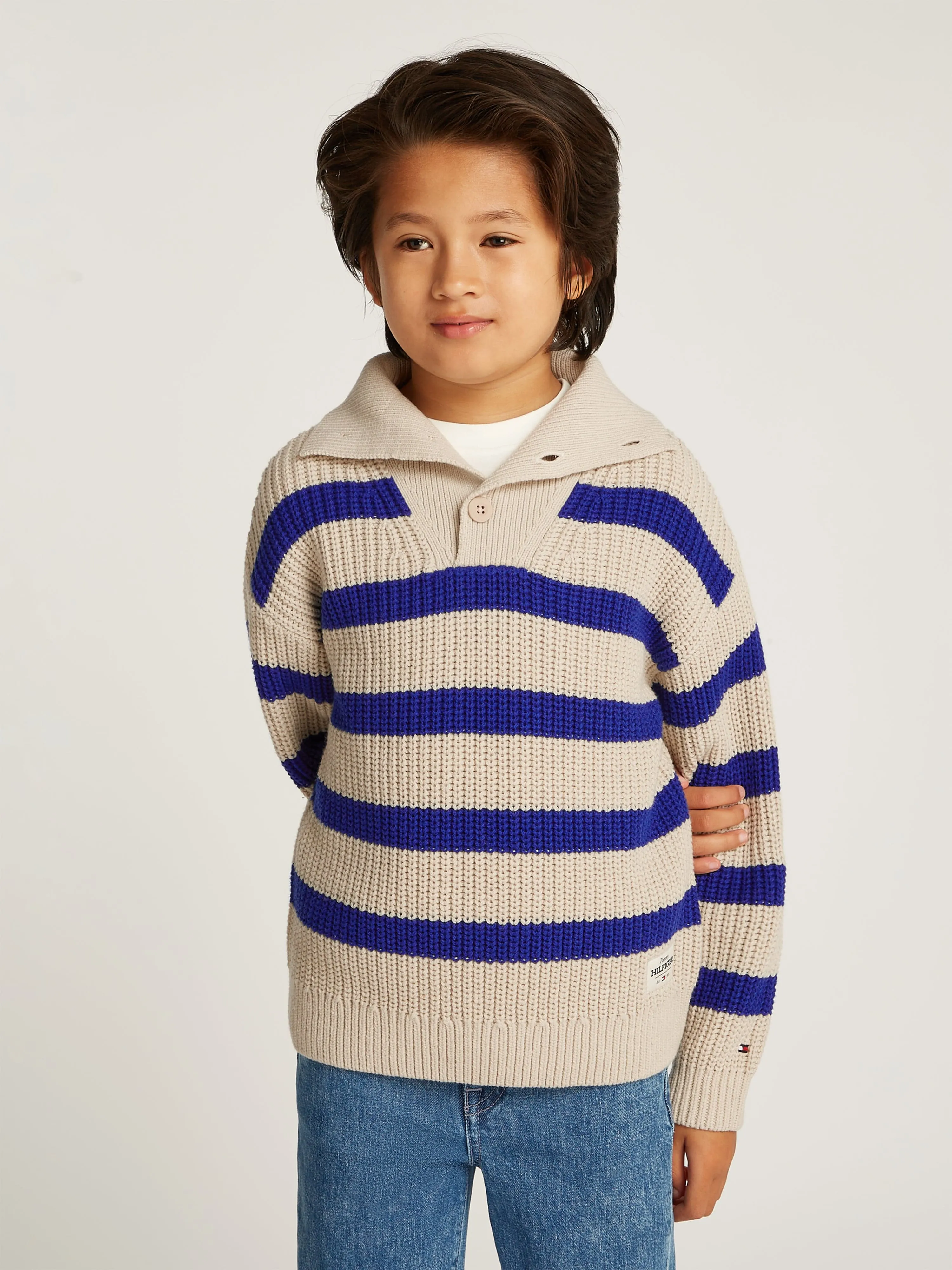 Boys Striped Mock Neck Jumper in Beige