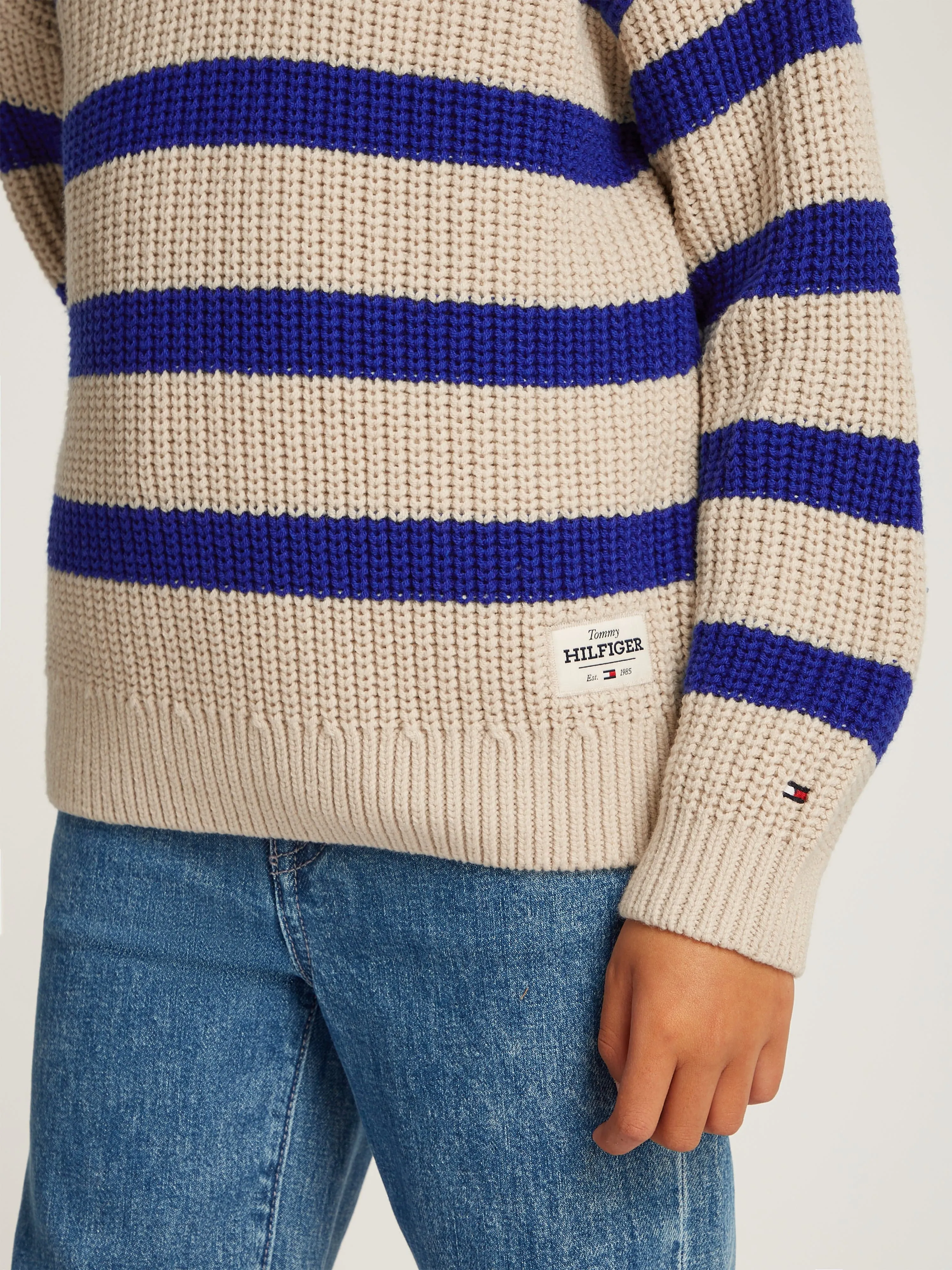 Boys Striped Mock Neck Jumper in Beige