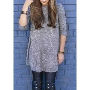 Brief Round Collar 3/4 Sleeve Loose-Fitting Women's Gray Knitwear - Gray S