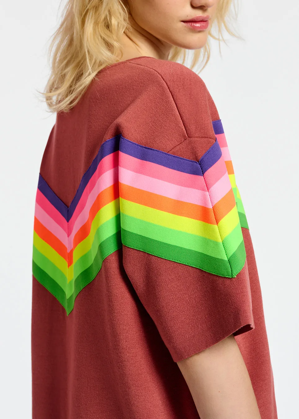 Brown knit sweater with multicolor stripes