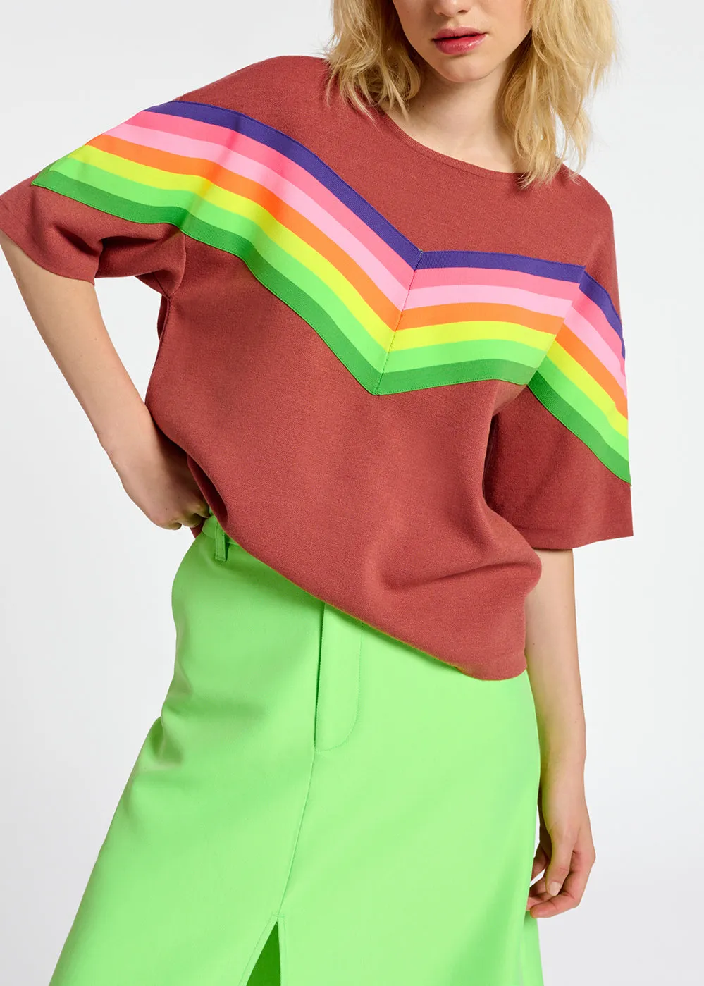 Brown knit sweater with multicolor stripes
