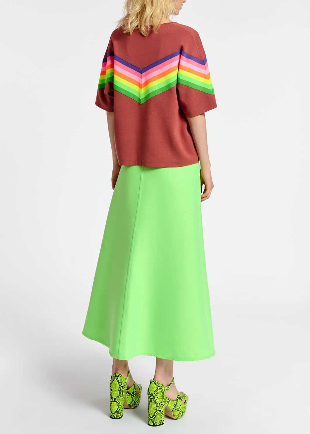 Brown knit sweater with multicolor stripes