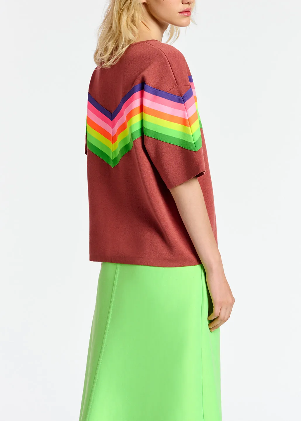 Brown knit sweater with multicolor stripes