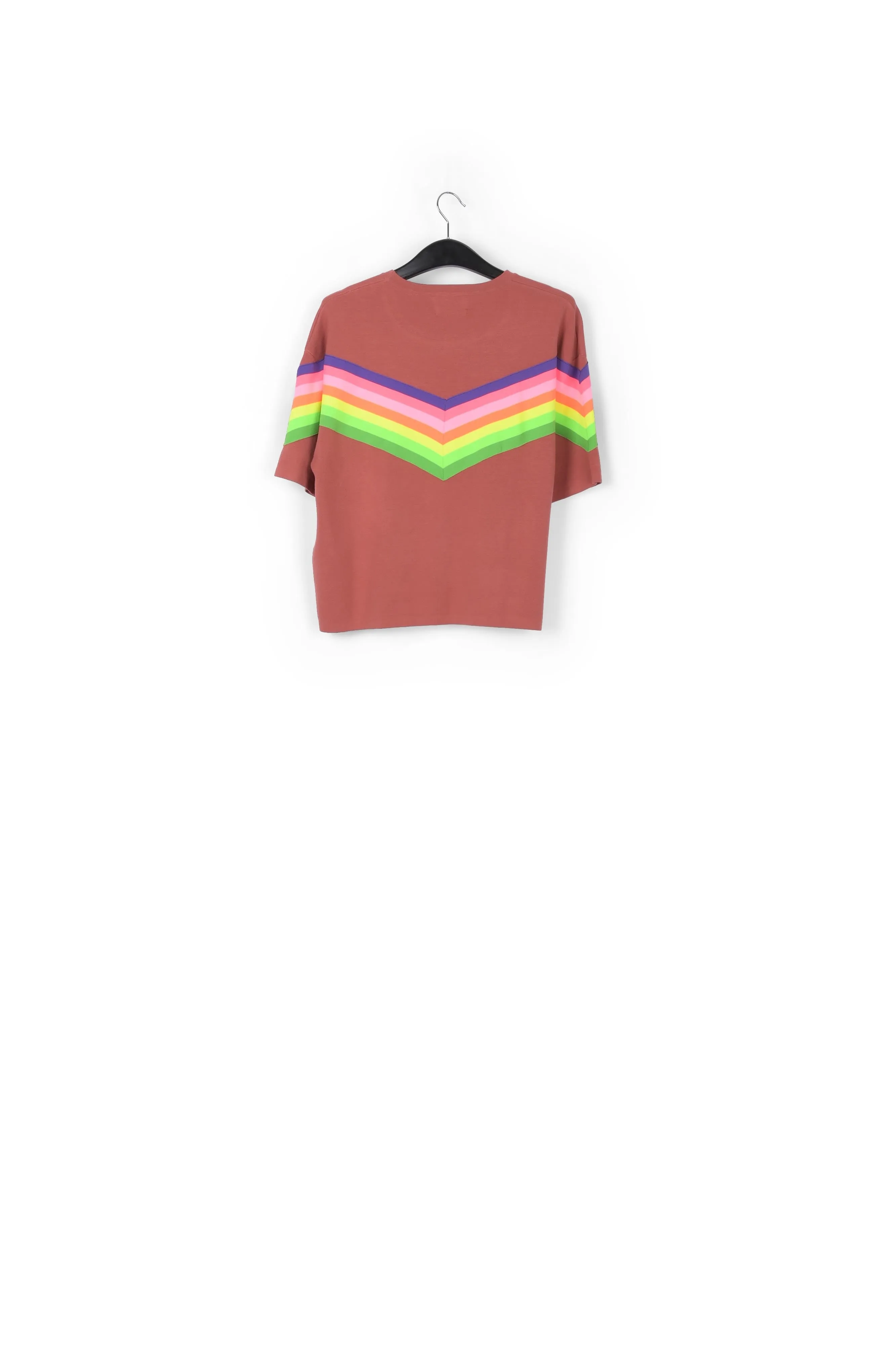 Brown knit sweater with multicolor stripes