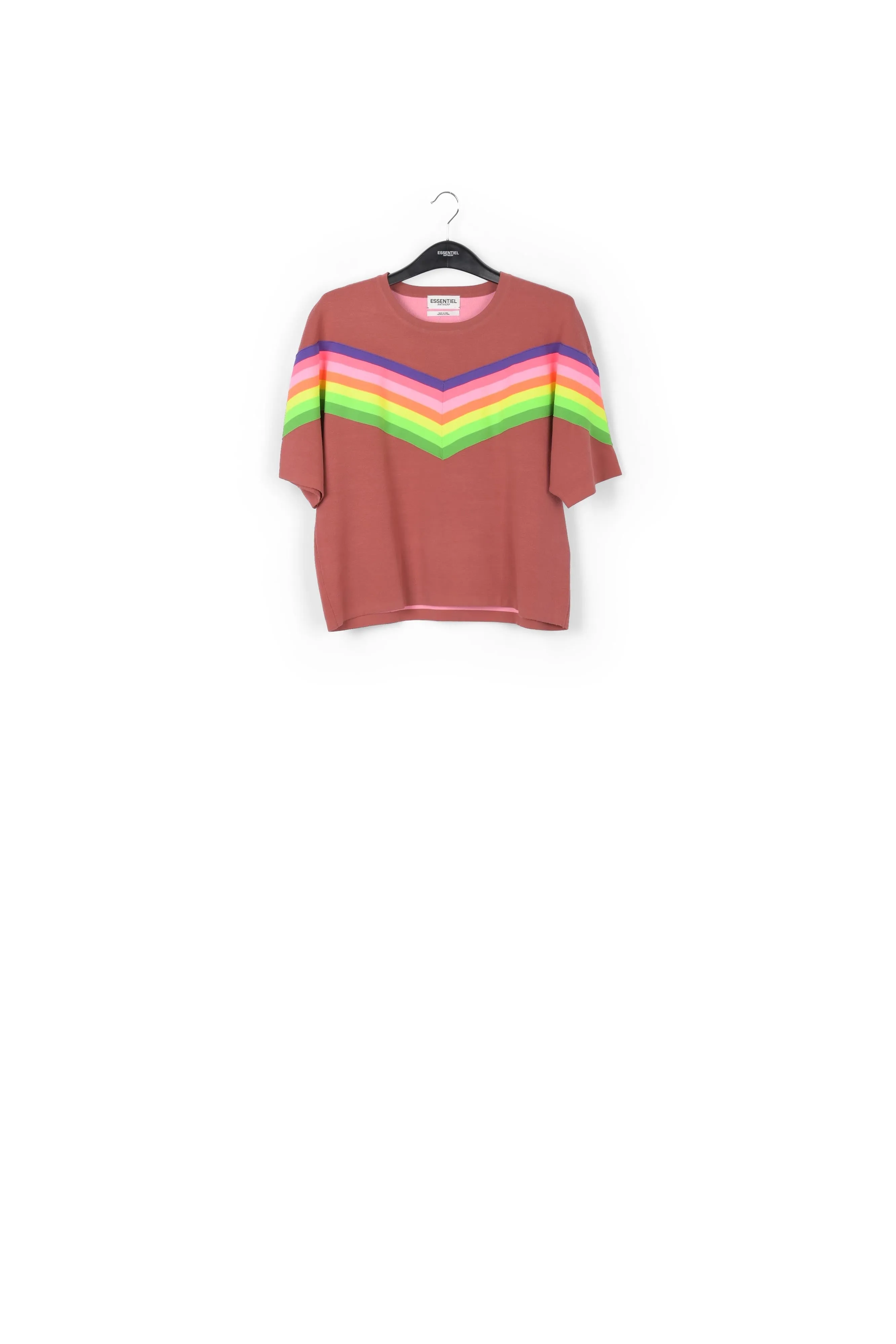 Brown knit sweater with multicolor stripes