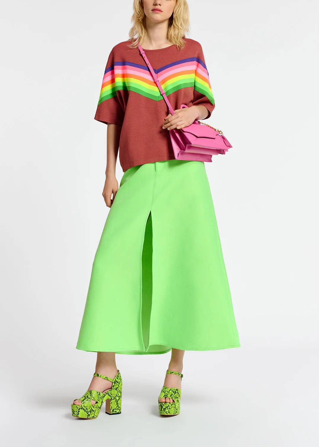 Brown knit sweater with multicolor stripes