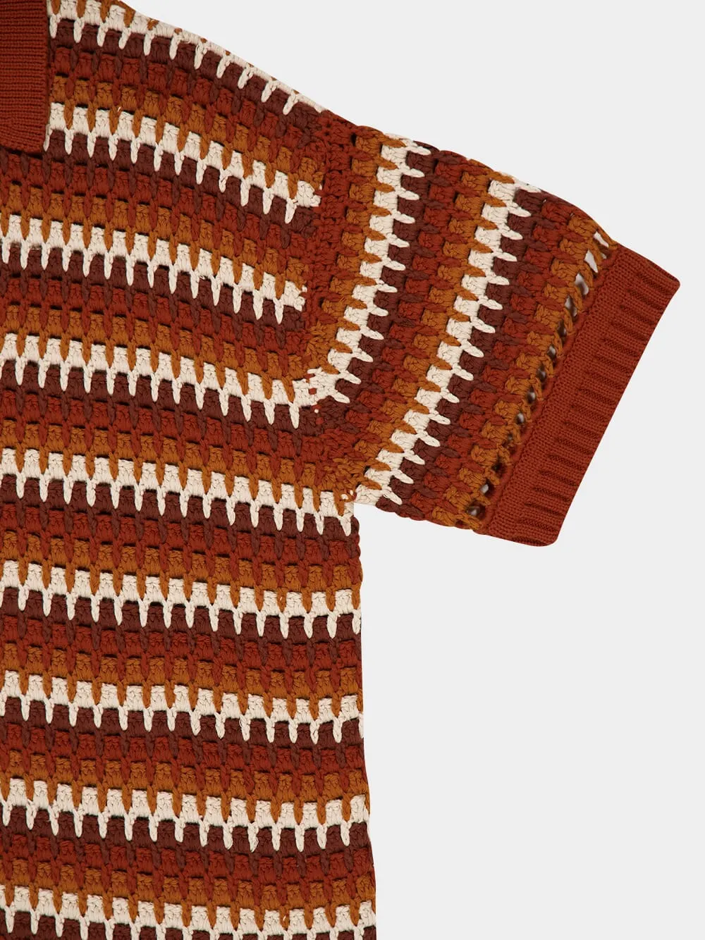 Brown V-Neck Pinto Crochet Cotton Shirt