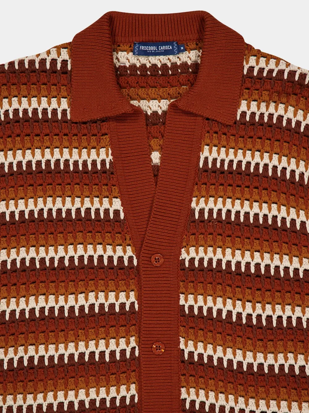 Brown V-Neck Pinto Crochet Cotton Shirt