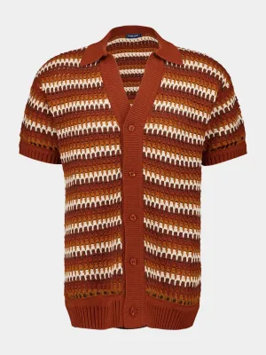 Brown V-Neck Pinto Crochet Cotton Shirt