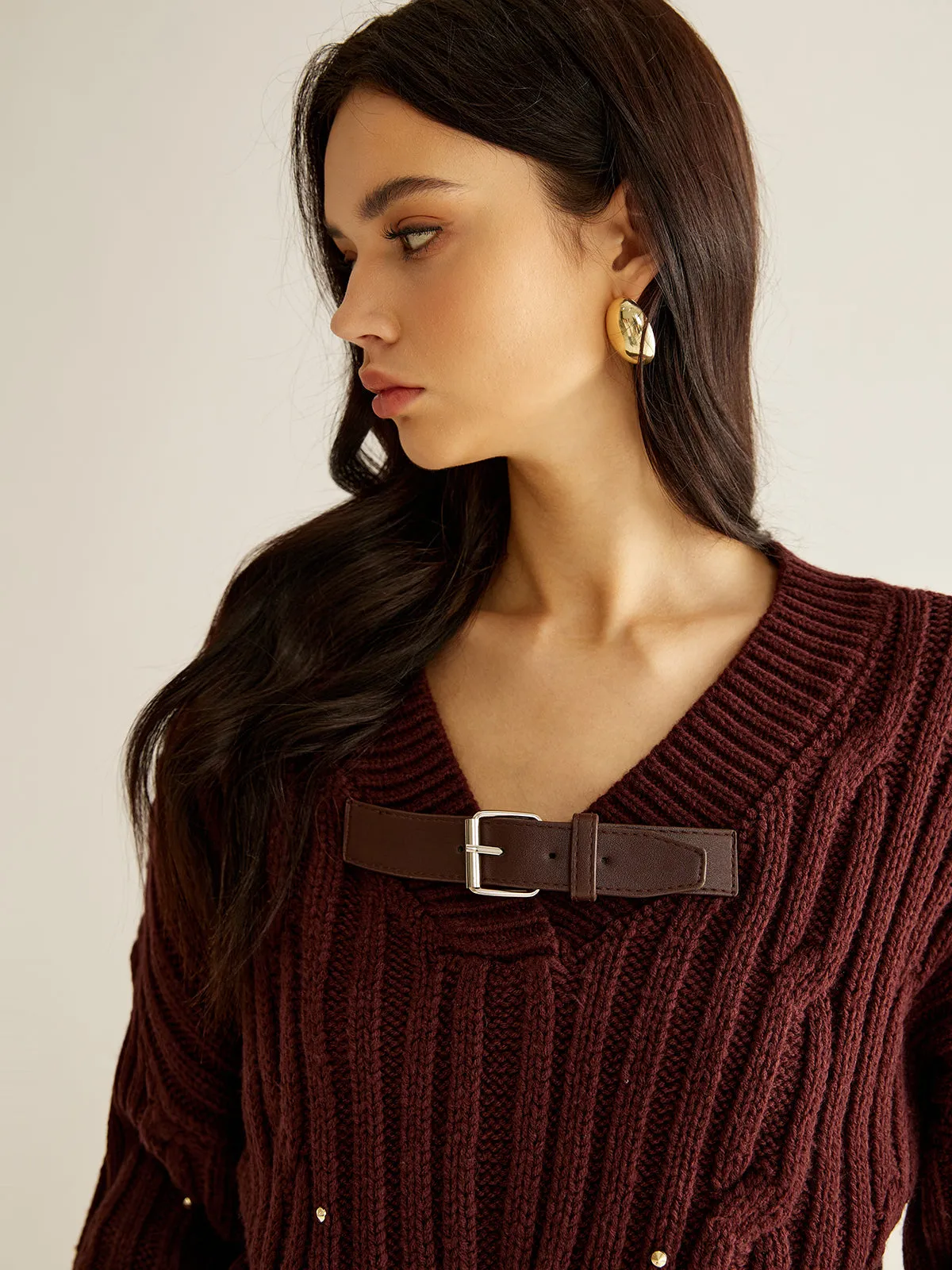 Buckle Belted Beaded Knit Top